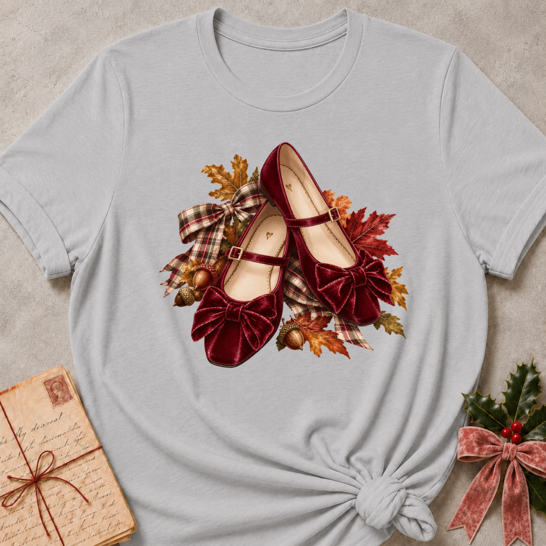 Athletic Heather relaxed fit tee with a row of autumn boots, falling leaves and a bow