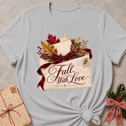 Athletic heather grey women's relaxed tee with a Fall, With Love script design on a vintage envelope with autumn leaves and a burgundy ribbon bow
