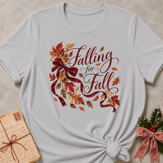 Athletic Heather relaxed fit tee with Falling for Fall script, a burgundy velvet bow and swirling autumn leaves