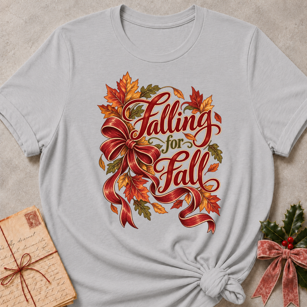 Athletic Heather relaxed fit tee with Falling for Fall script, an oversized burgundy bow and swirling autumn leaves