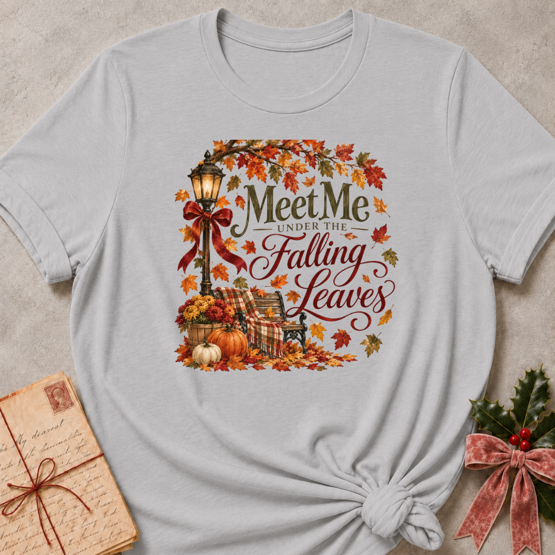 Athletic Heather relaxed fit tee with Meet Me Under the Falling Leaves lettering, a glowing lamppost, park bench, pumpkins and drifting maple leaves
