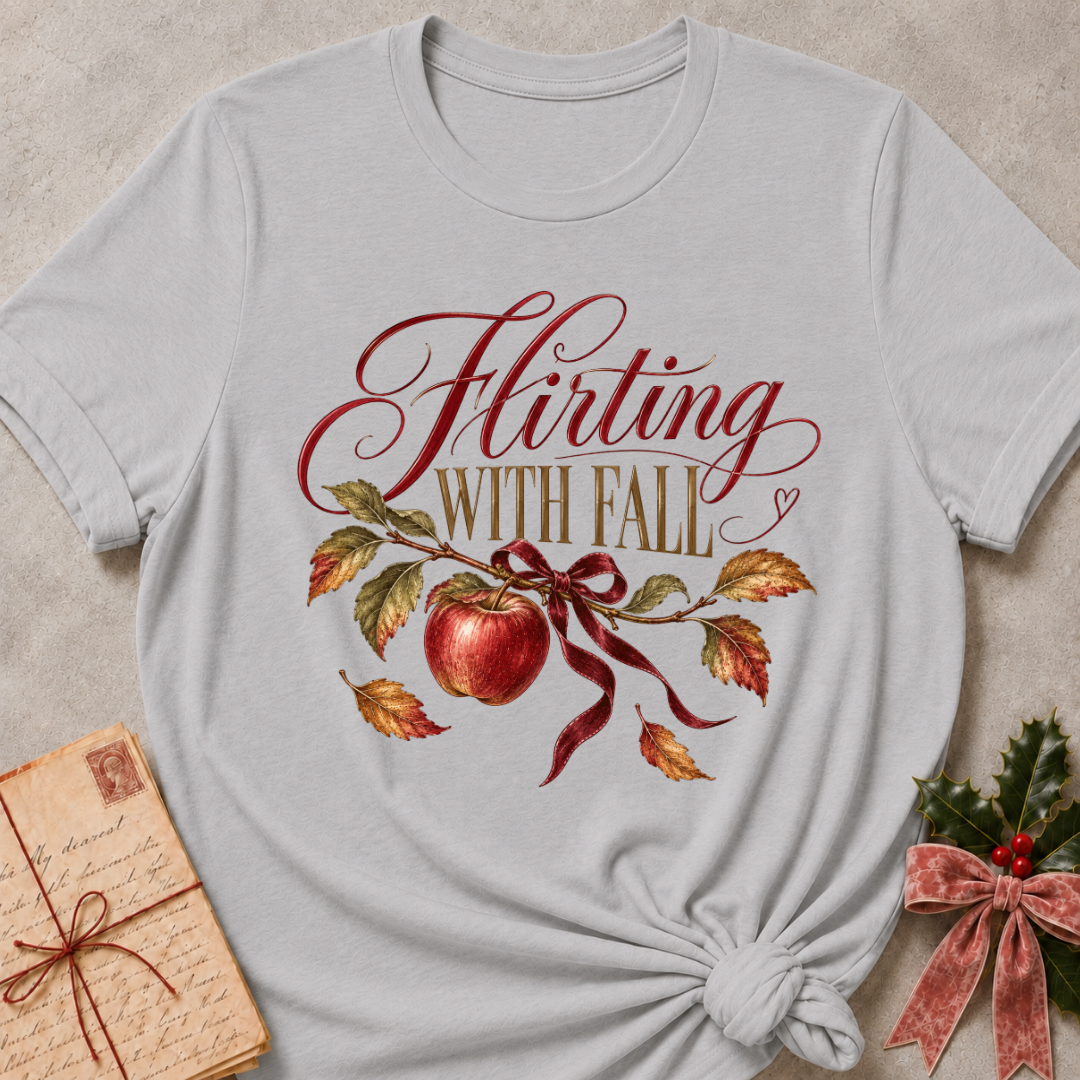 Athletic heather grey women's relaxed tee with Flirting With Fall script above a red apple on a leafy branch tied with a burgundy ribbon