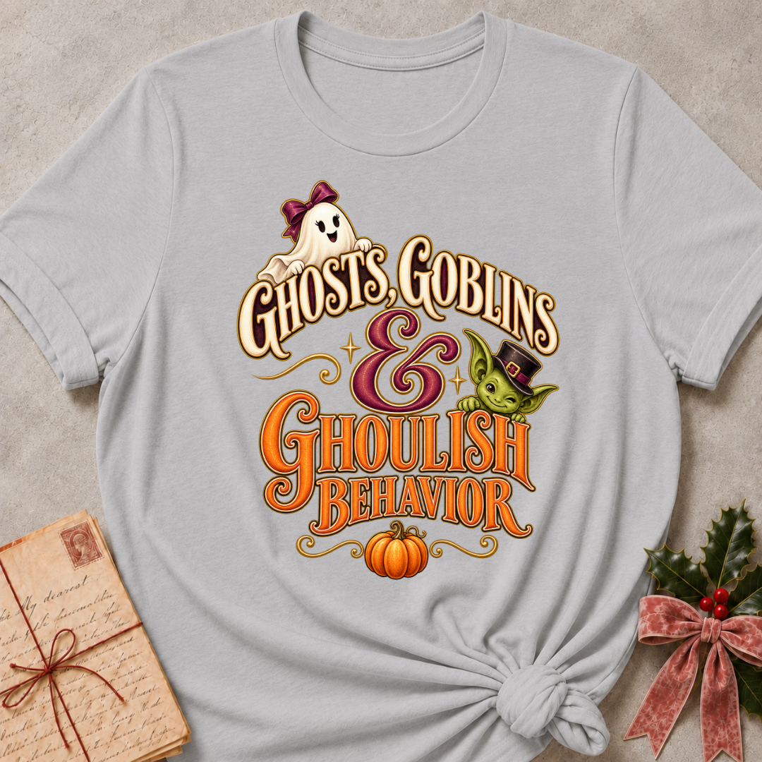 Athletic Heather Ghosts, Goblins and Ghoulish Behavior tee with a bow wearing ghost, a peeking goblin and a little pumpkin