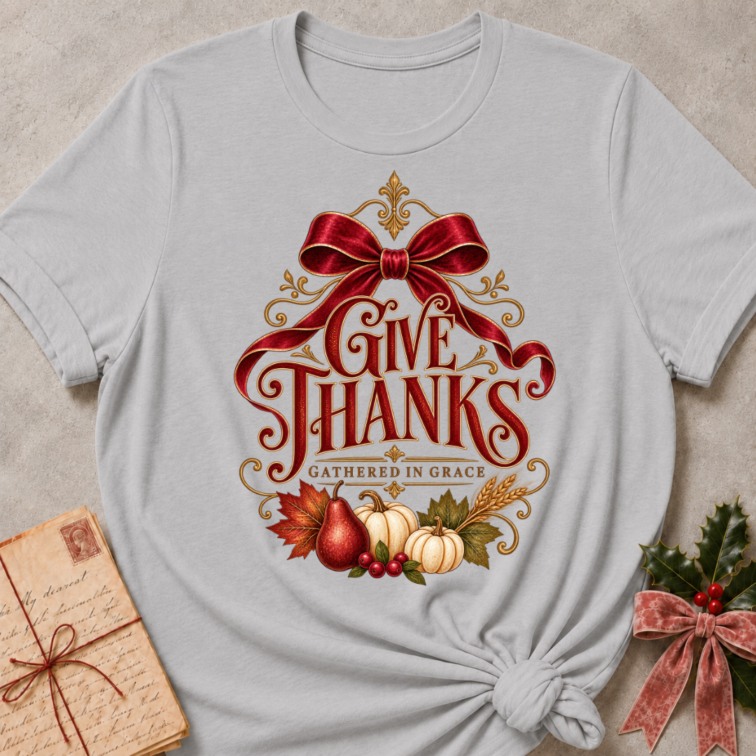 Athletic Heather Give Thanks tee with a satin red bow, pears, pumpkins and gold filigree harvest design