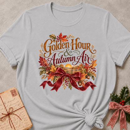 Athletic Heather relaxed fit tee with Golden Hour and Autumn Air lettering, a sunset over a wooden fence, fall leaves and a burgundy bow
