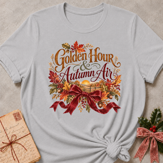 Athletic Heather relaxed fit tee with Golden Hour and Autumn Air lettering, a sunset over a wooden fence, fall leaves and a burgundy bow