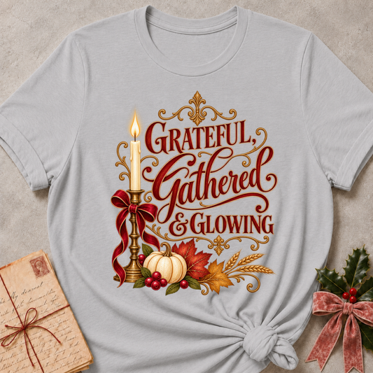 Athletic Heather Grateful, Gathered and Glowing tee with a candlelit bow, pumpkins and autumn leaves