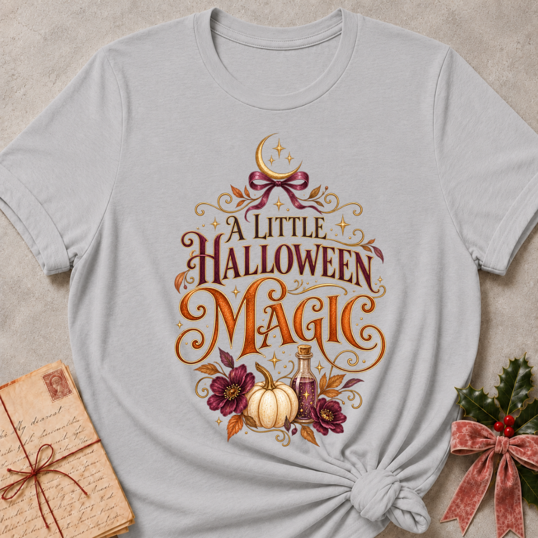 Athletic Heather A Little Halloween Magic tee with a velvet bow, crescent moon, white pumpkin and plum blooms