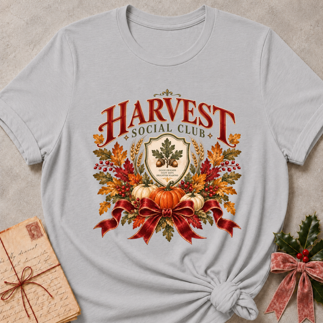 Athletic heather grey women's relaxed tee with a vintage Harvest Social Club crest with an oak leaf shield, pumpkins, autumn leaves, and a plaid ribbon bow