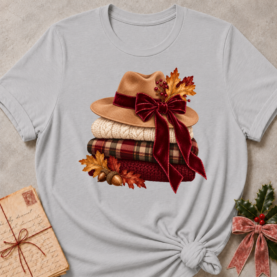 Athletic Heather relaxed fit tee with stacked knit sweaters, cozy hats and a plaid bow