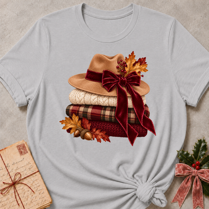 Athletic Heather relaxed fit tee with stacked knit sweaters, cozy hats and a plaid bow