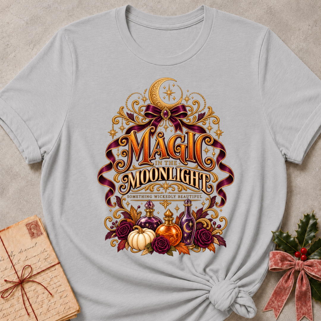 Athletic Heather Magic in the Moonlight tee with a crescent moon, velvet ribbon, potion bottles and deep plum roses