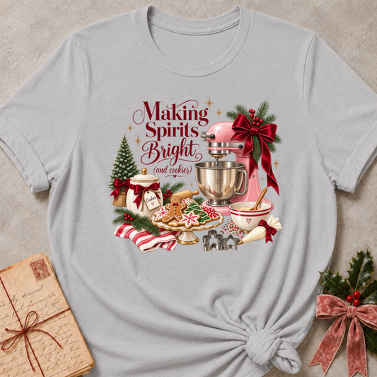 Athletic heather grey relaxed fit tee with a vintage Christmas baking scene and Making Spirits Bright lettering