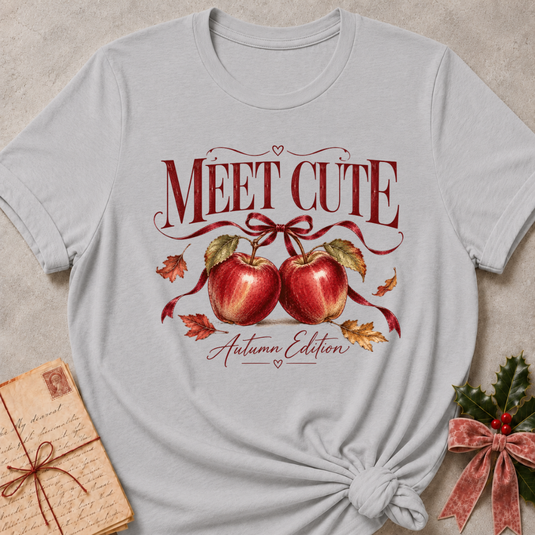 Athletic Heather relaxed fit tee with Meet Cute Autumn Edition lettering, two red apples and a burgundy bow