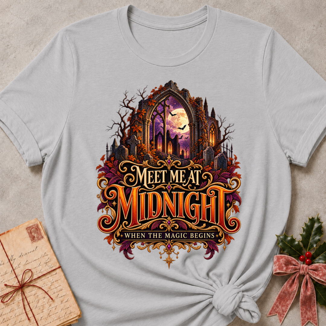 Athletic Heather Meet Me at Midnight tee with a moonlit Gothic arch, fluttering bats and jewel toned autumn leaves
