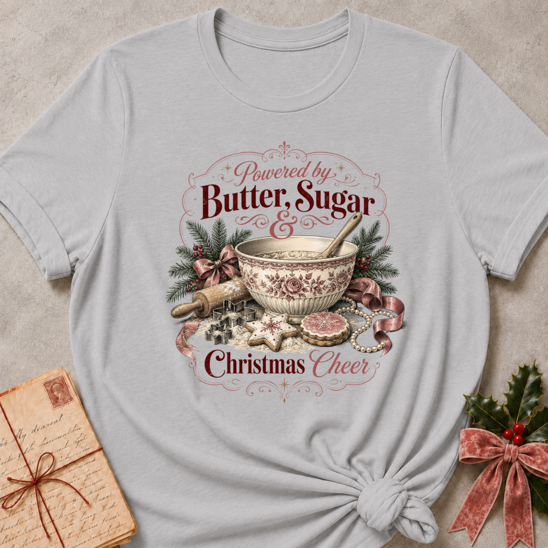 Athletic heather grey relaxed fit tee with a vintage mixing bowl and Christmas greenery