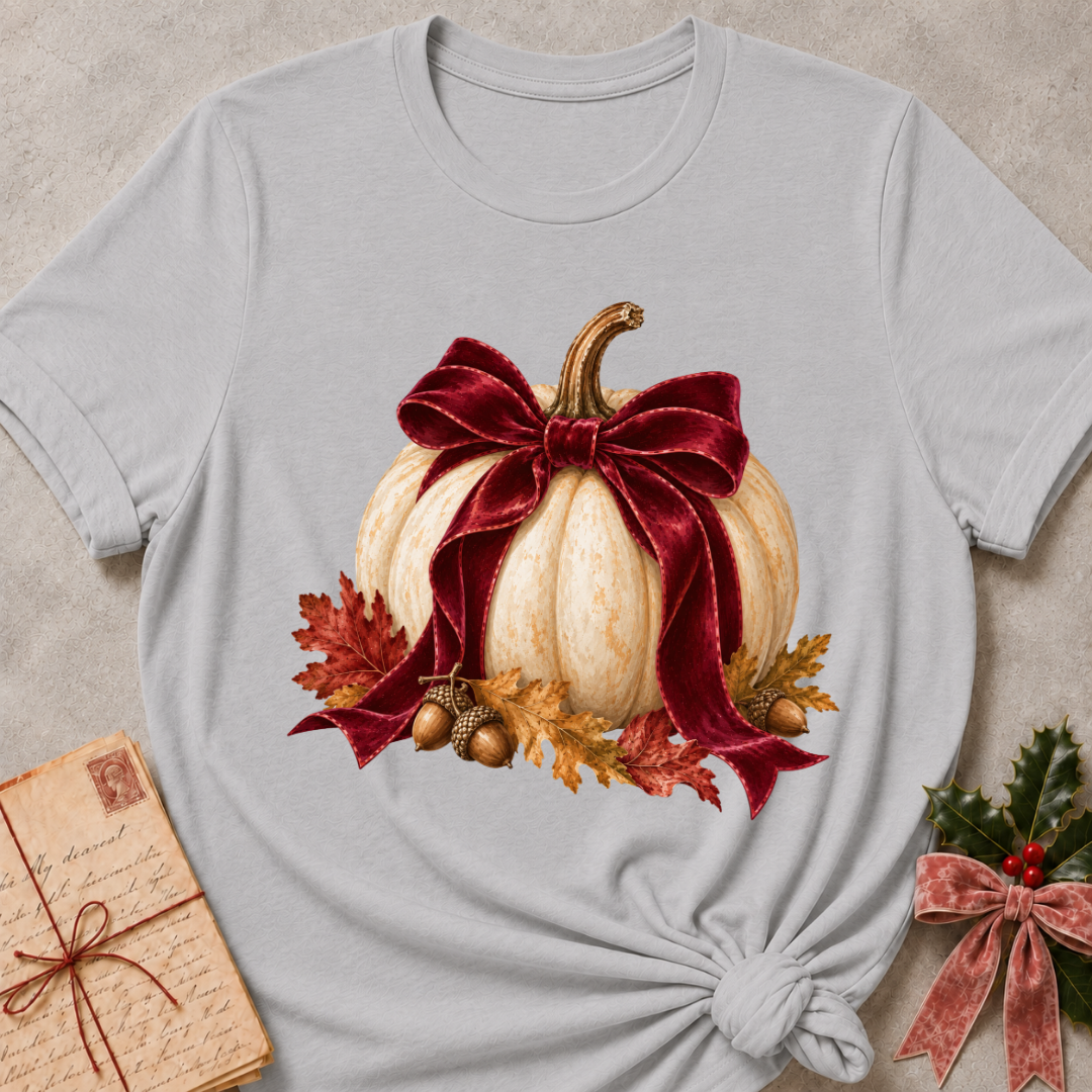 Athletic heather grey women's relaxed tee with a cream pumpkin wrapped in an oversized burgundy velvet bow, acorns, and autumn leaves