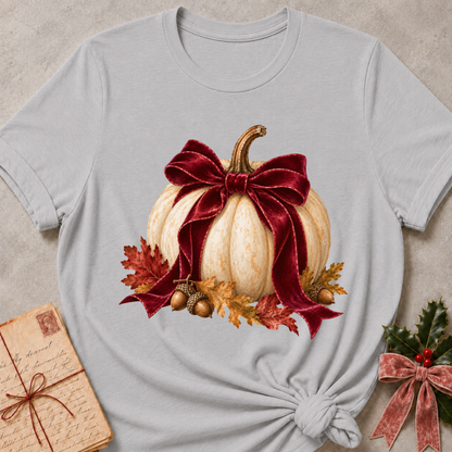Athletic heather grey women's relaxed tee with a cream pumpkin wrapped in an oversized burgundy velvet bow, acorns, and autumn leaves