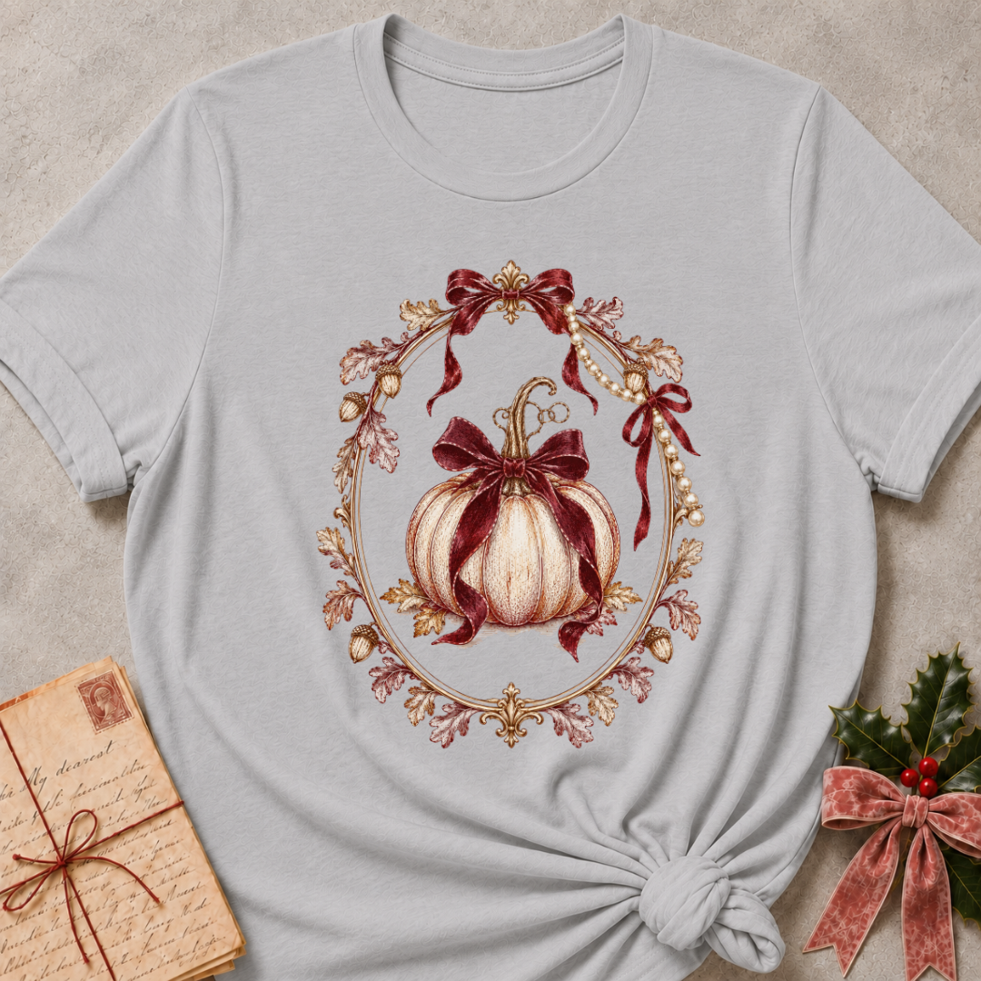 Athletic heather grey women's relaxed tee with a cream heirloom pumpkin tied in burgundy bows inside an ornate gold mirror frame with pearls and oak leaves