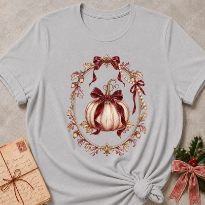Athletic heather grey women's relaxed tee with a cream heirloom pumpkin tied in burgundy bows inside an ornate gold mirror frame with pearls and oak leaves