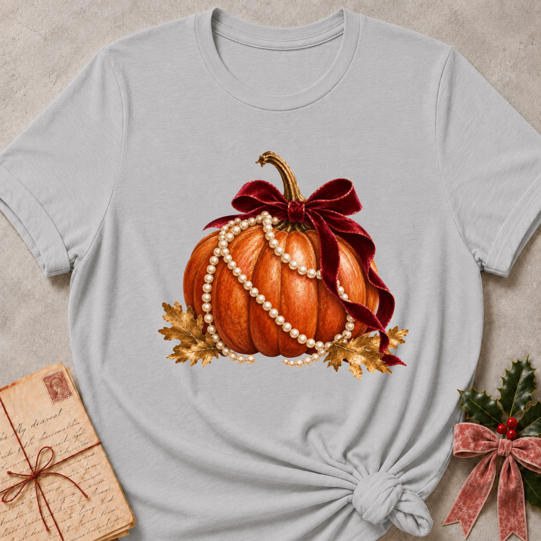 Athletic heather grey women's relaxed tee with an orange pumpkin draped in pearls with a burgundy velvet bow and golden autumn leaves