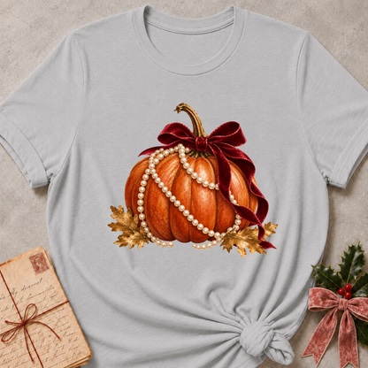 Athletic heather grey women's relaxed tee with an orange pumpkin draped in pearls with a burgundy velvet bow and golden autumn leaves