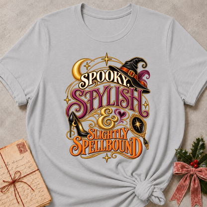 Athletic Heather Spooky, Stylish and Slightly Spellbound tee with a witch's hat, stiletto heel and gilded hand mirror