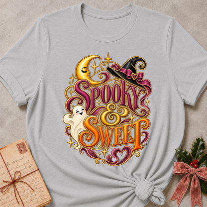Athletic Heather Spooky and Sweet tee with a smiling ghost, a sleepy golden moon and a witch's hat with a heart bow