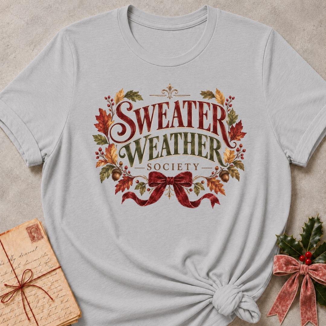 Athletic Heather relaxed fit tee with vintage Sweater Weather Society lettering, autumn leaves, acorns and a velvet bow