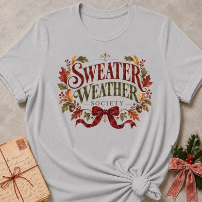 Athletic Heather relaxed fit tee with vintage Sweater Weather Society lettering, autumn leaves, acorns and a velvet bow