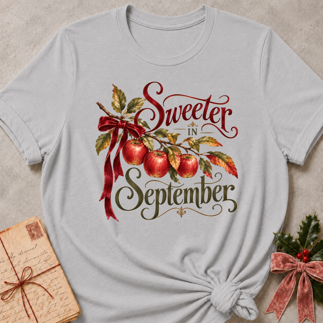 Athletic Heather relaxed fit tee with Sweeter in September script lettering, an apple branch with red apples, autumn leaves and a burgundy bow