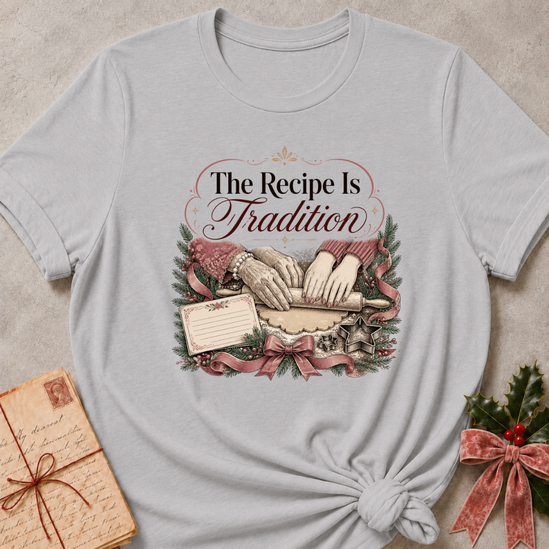 Athletic heather grey relaxed fit tee with hands rolling dough and The Recipe Is Tradition lettering