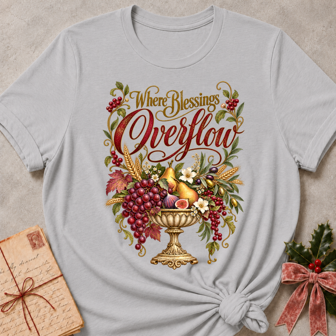 Athletic Heather relaxed fit tee with Where Blessings Overflow script and a golden urn of grapes, pears, figs and wheat