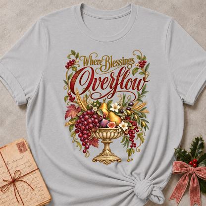 Athletic Heather relaxed fit tee with Where Blessings Overflow script and a golden urn of grapes, pears, figs and wheat