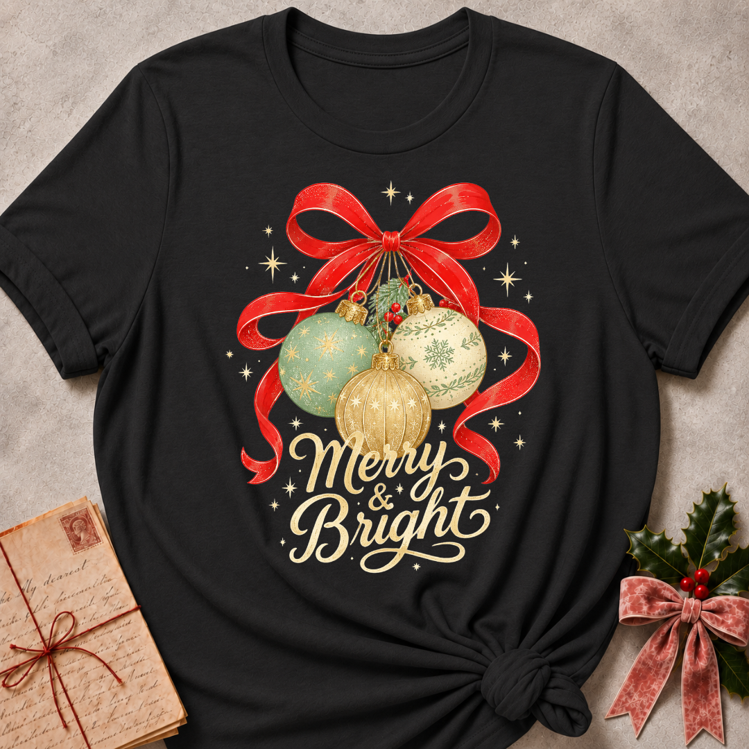 A black short-sleeve t-shirt with a festive Christmas graphic featuring three ornaments under a red bow and the text 'Merry & Bright'. The shirt is styled flat on a textured gray background with a vintage envelope and holly in the corners.