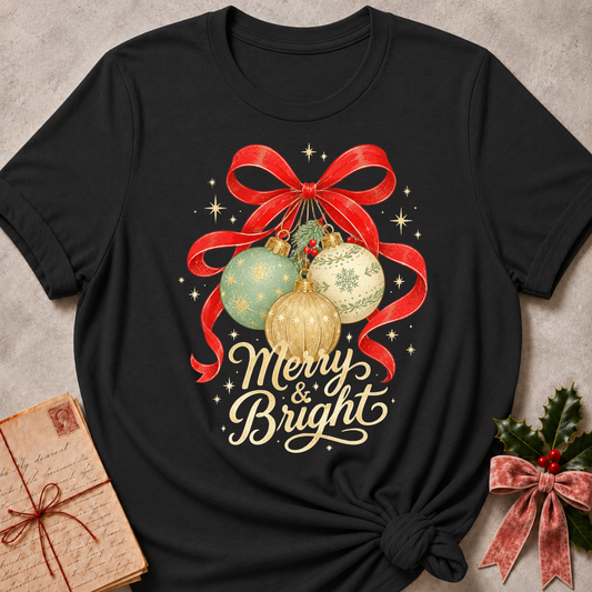 A black short-sleeve t-shirt with a festive Christmas graphic featuring three ornaments under a red bow and the text 'Merry & Bright'. The shirt is styled flat on a textured gray background with a vintage envelope and holly in the corners.