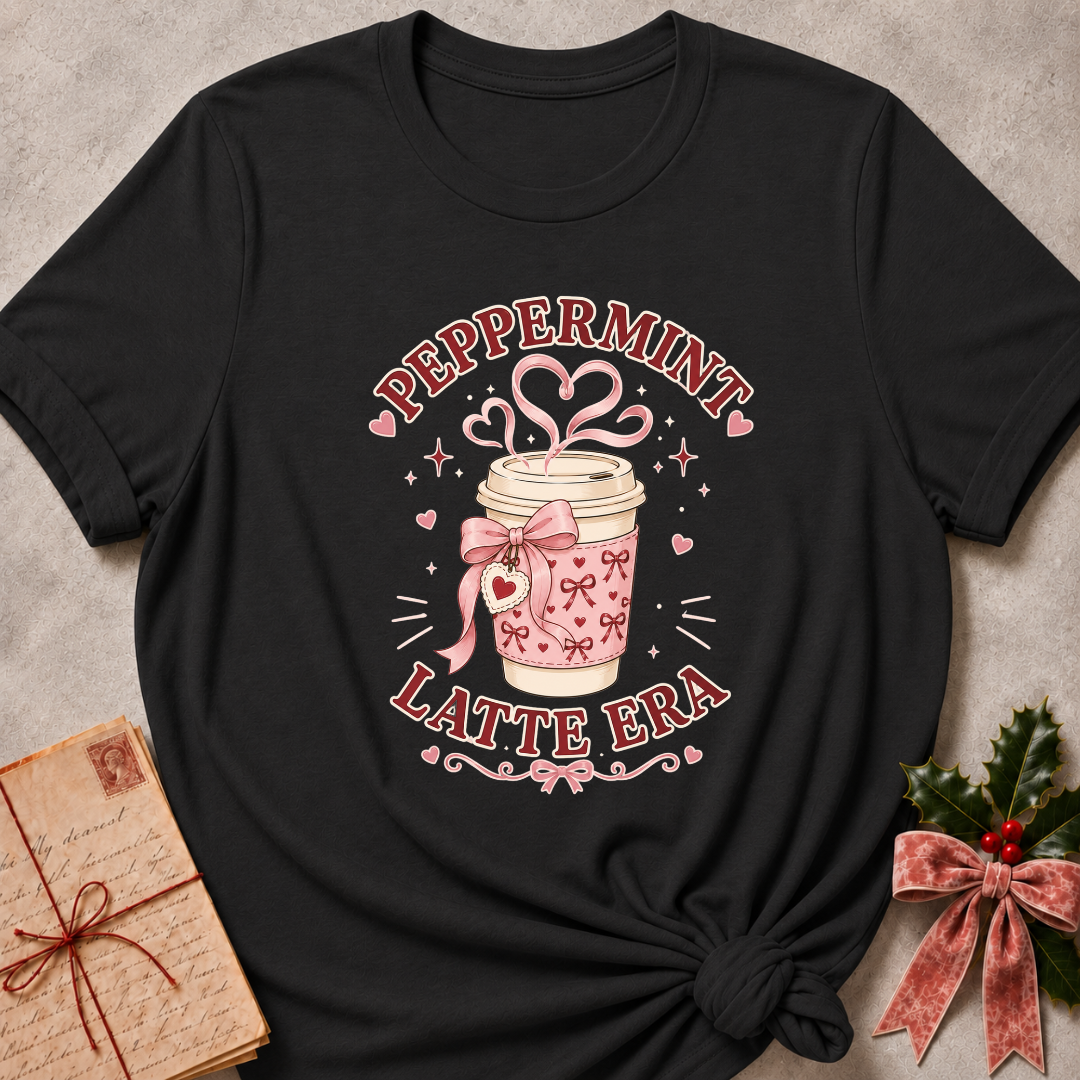 A black short-sleeve graphic T-shirt laid flat on a textured light gray surface, styled with a vintage notebook, holly, and a pink ribbon bow. The shirt features a central graphic of a pink patterned coffee cup with a bow, hearts, and the words 'PEPPERMINT LATTE ERA' in pink and red lettering.