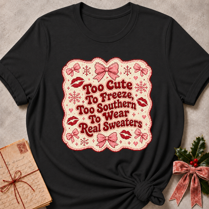 A black short-sleeve graphic T-shirt laid flat on a textured light gray surface, styled with a vintage letter, a pink ribbon, and holly. The shirt has a large decorative chest graphic with the phrase 'Too Cute To Freeze, Too Southern To Wear Real Sweaters' in red lettering inside a scalloped pink and white border with bows, lip prints, and snowflakes.