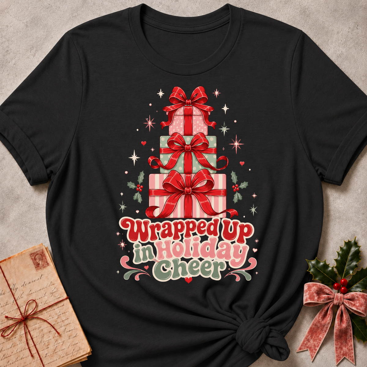 A black short-sleeve graphic t-shirt featuring a stacked Christmas gift design with red bows and the text 'Wrapped up in Holiday cheer' in red, pink, and green. The t-shirt is styled flat on a textured gray background with vintage paper books and holly in the corners.