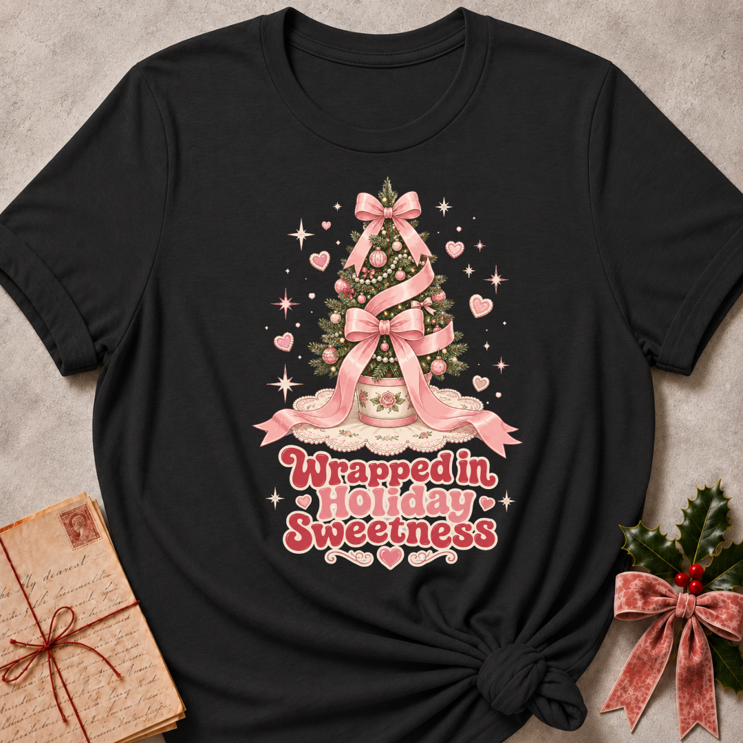 A black short-sleeve t-shirt with a pink Christmas tree graphic and the text 'Wrapped in Holiday Sweetness' printed on the front, styled in a flat-lay with a vintage letter and holly on a textured gray background.