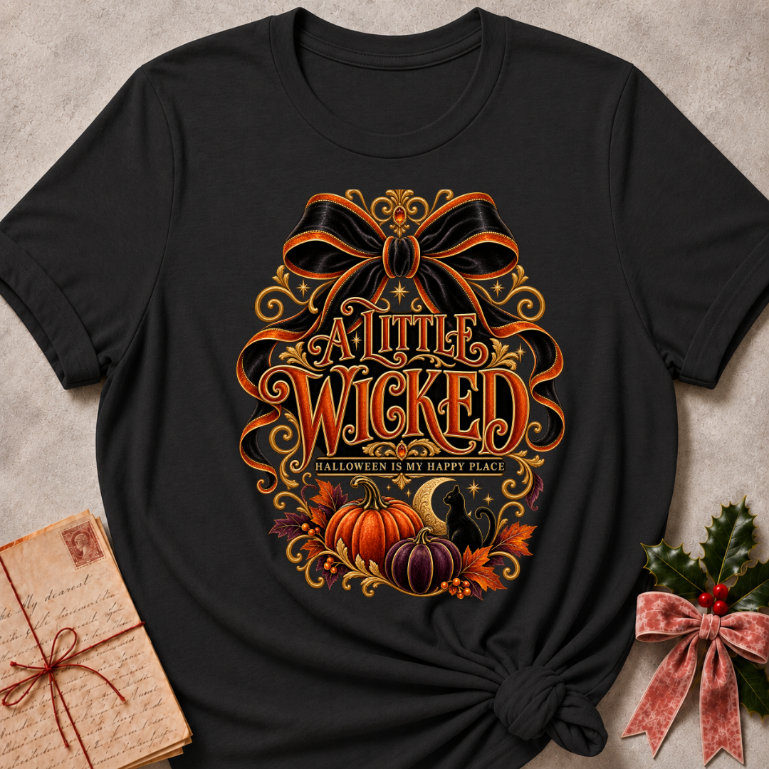 Dark Grey Heather A Little Wicked tee with an oversized black bow, harvest pumpkins and a black cat under a crescent moon