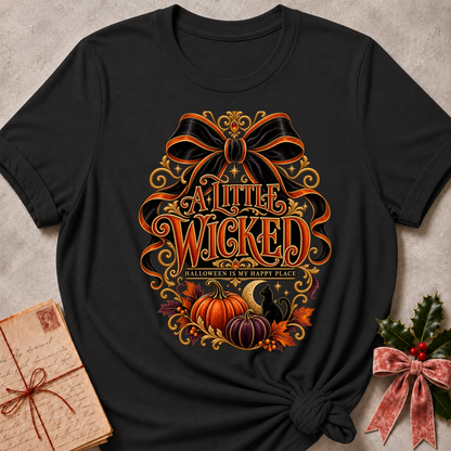 Dark Grey Heather A Little Wicked tee with an oversized black bow, harvest pumpkins and a black cat under a crescent moon