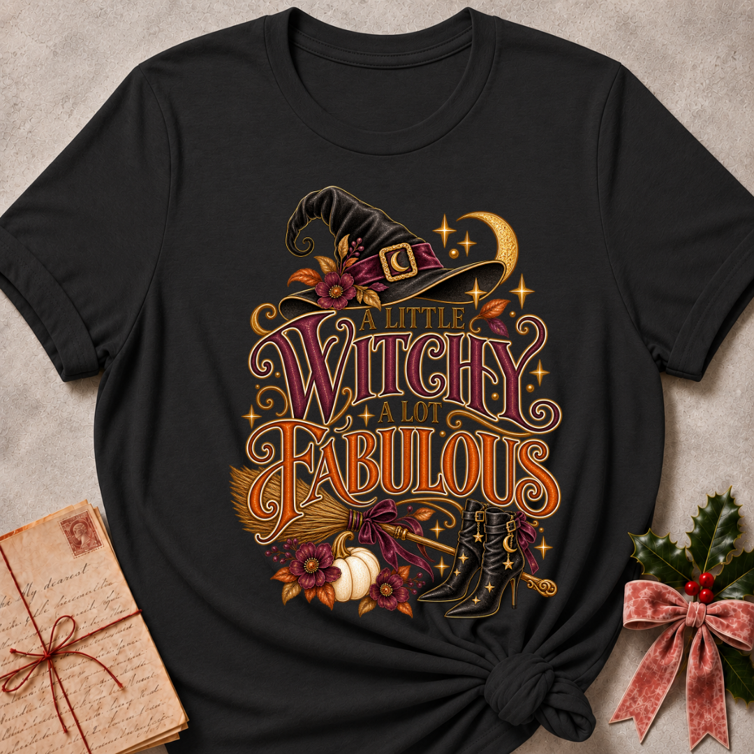 Dark Grey Heather A Little Witchy, A Lot Fabulous tee with a flower trimmed witch's hat, ribbon tied broom and starry boots