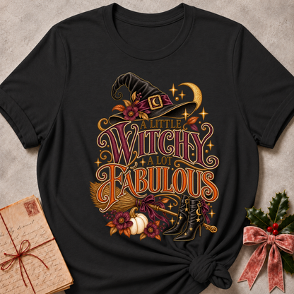 Dark Grey Heather A Little Witchy, A Lot Fabulous tee with a flower trimmed witch's hat, ribbon tied broom and starry boots