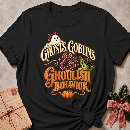 Dark Grey Heather Ghosts, Goblins and Ghoulish Behavior tee with a bow wearing ghost, a peeking goblin and a little pumpkin