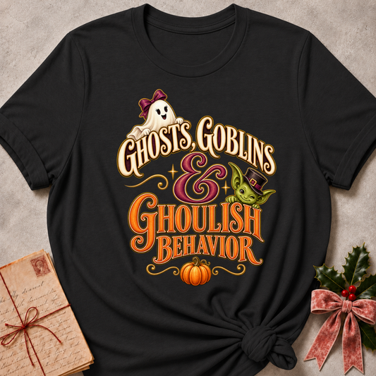 Dark Grey Heather Ghosts, Goblins and Ghoulish Behavior tee with a bow wearing ghost, a peeking goblin and a little pumpkin