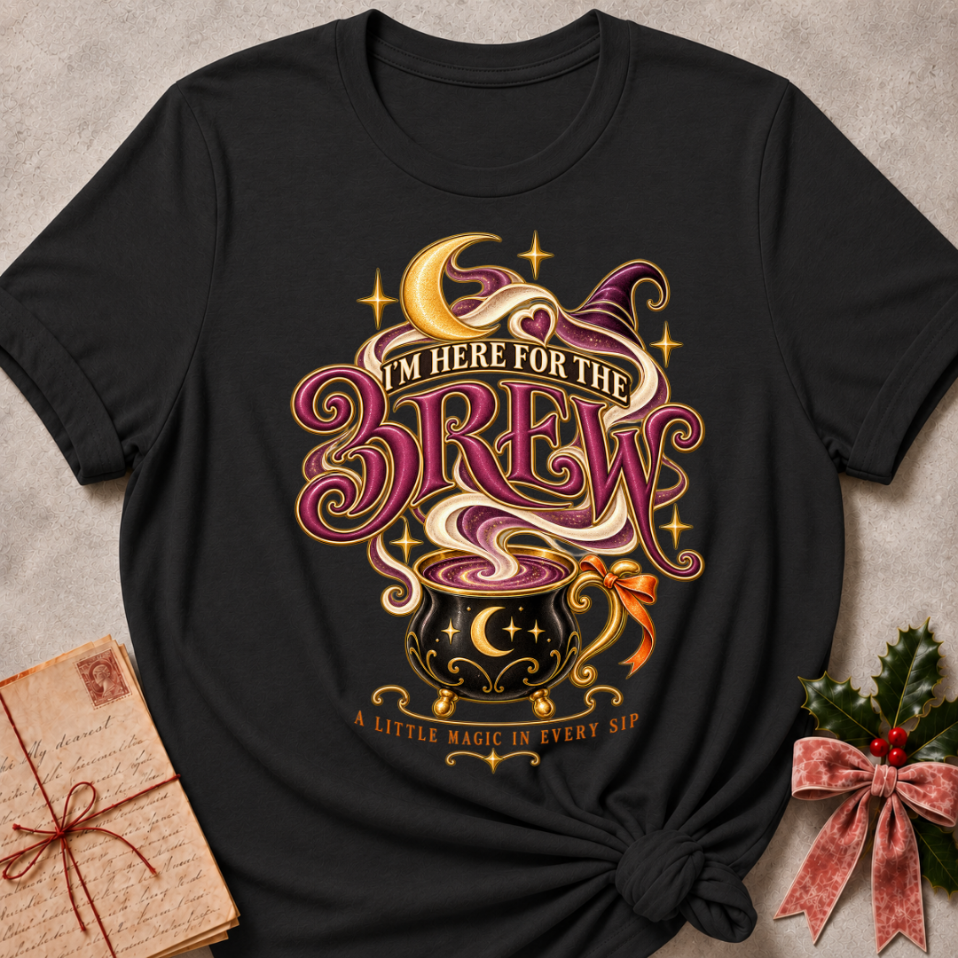 Dark Grey Heather I'm Here For The Brew tee with a moonlit cauldron mug, crescent moon and witch's hat in plum and gold
