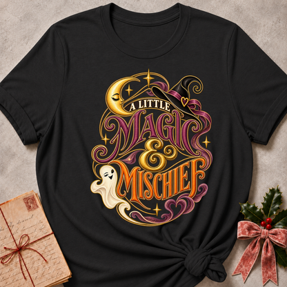 Dark Grey Heather A Little Magic & Mischief tee with a smiling ghost, sleepy crescent moon and witch's hat in gold and plum