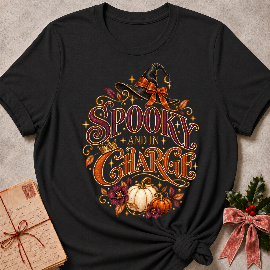 Dark Grey Heather Spooky and In Charge tee with a bow tied witch's hat, gold crown, white pumpkins and plum blooms