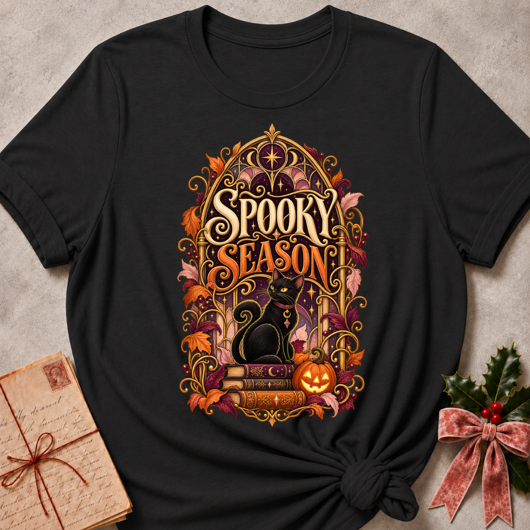 Dark Grey Heather Spooky Season tee with a black cat on spellbooks beside a glowing jack-o'-lantern under a golden Gothic arch